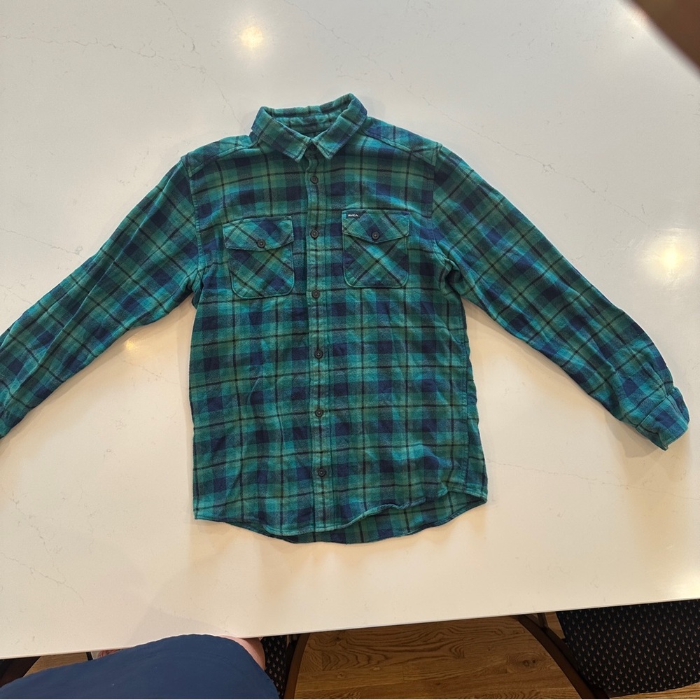 RVCA Blue and Green Casual Button Down Shirt